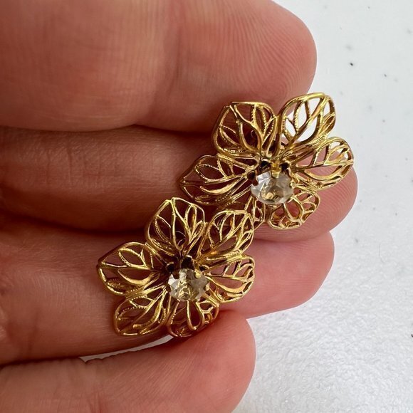 Flower‎ Earrings Stud Gold Tone Rhinestone Filigree Statement 3D Removable - Picture 3 of 6